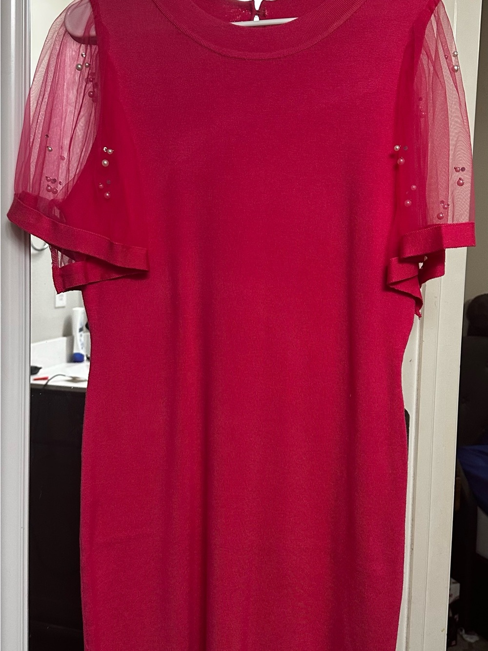 Cato Fuchsia Sheer Pearl-Sleeve Shift Dress
